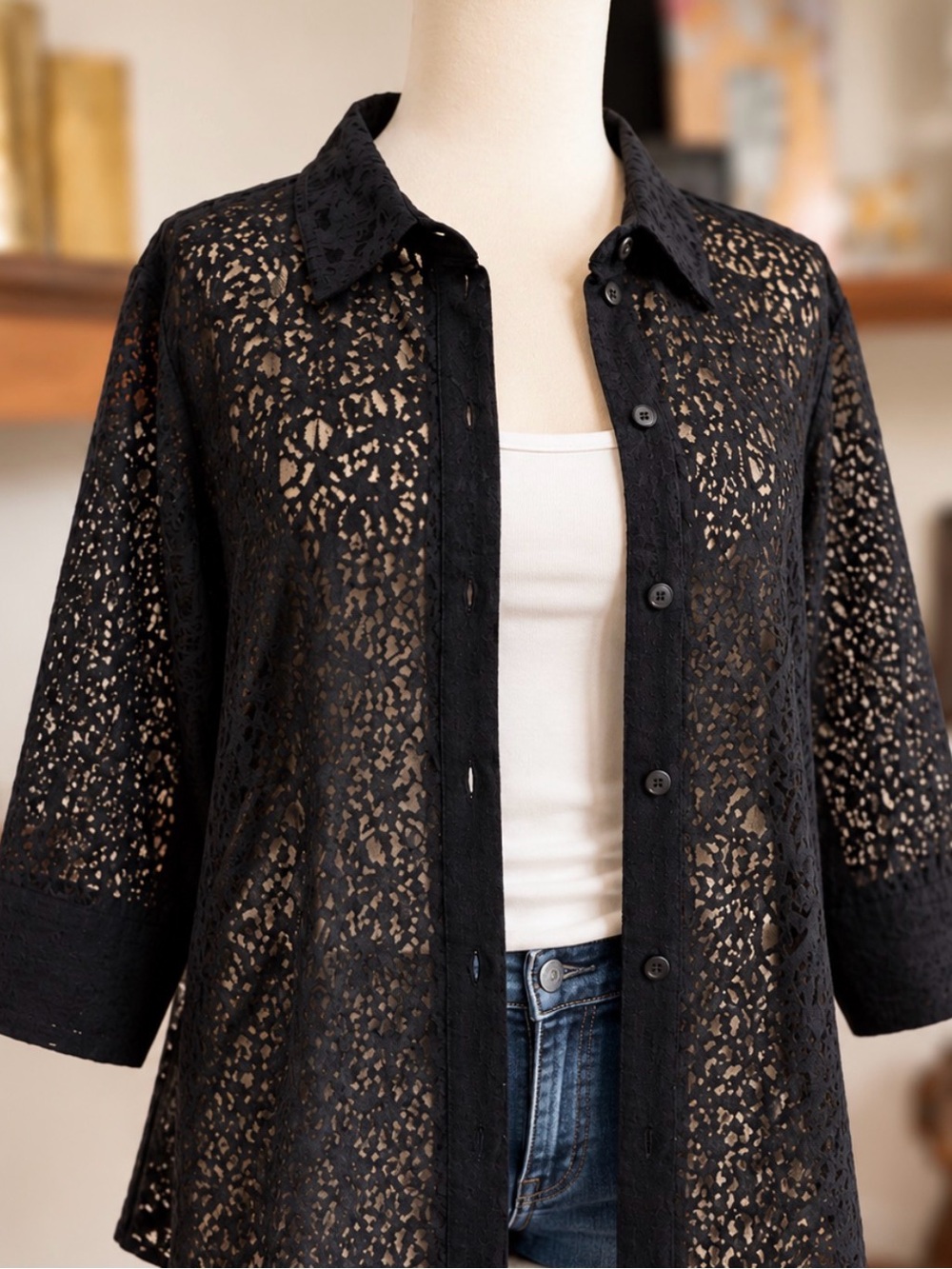 Hearts of Palm Black Burnout Sheer Button Front Blouse Shacket Size 10